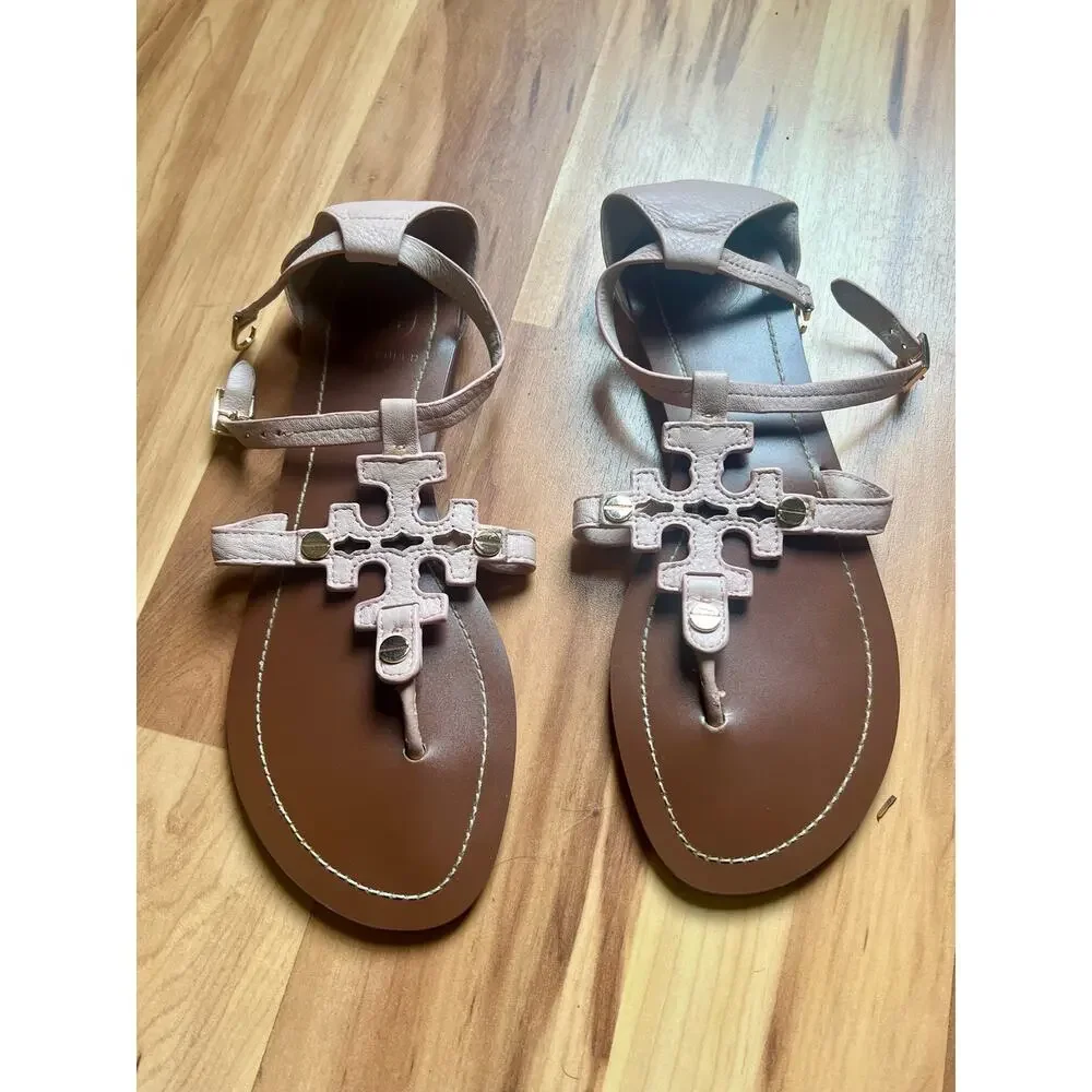 Tory Burch Phoebe Blush Leather Flat Thong Ankle Strap Sandals Sz 8